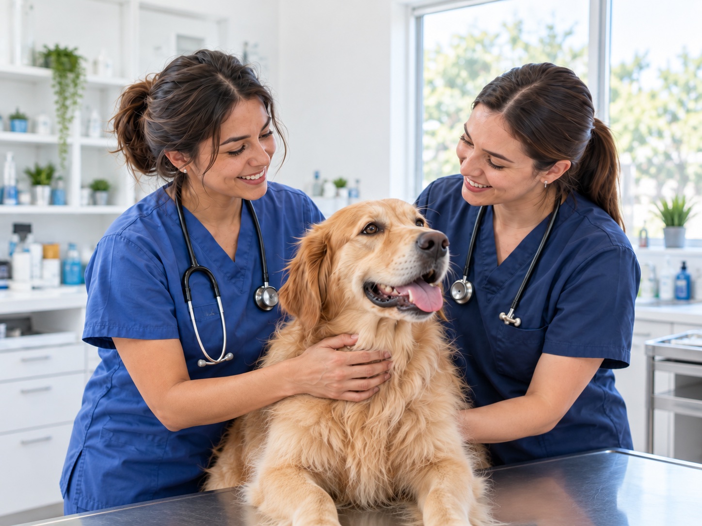 Dos veterinarias con un perro en una clínica luminosa