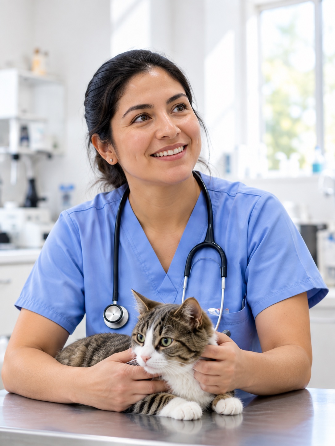 Veterinaria con un gato en una clínica luminosa